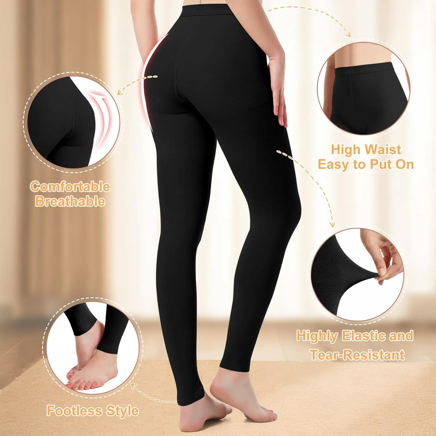 2 Pairs Medical Compression Pantyhose for Women, 20-30mmHg Graduated Support Tight Pants, Opaque Footless