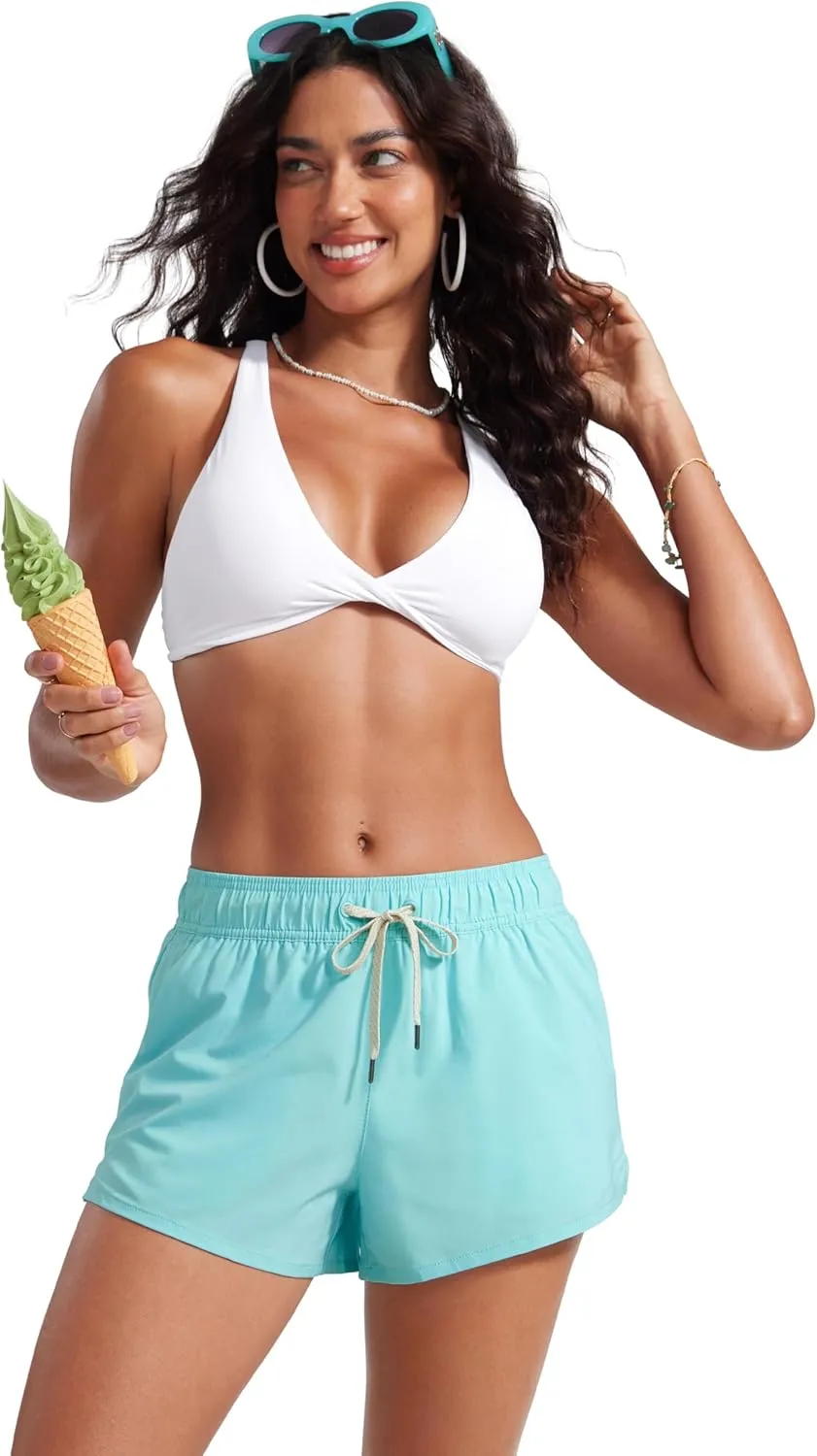 CRZ YOGA Womens 3" Mid Waisted Swim Board Shorts Side Splits Swimming Bottoms Quick Dry Beach Swimsuit with Liner Pockets
