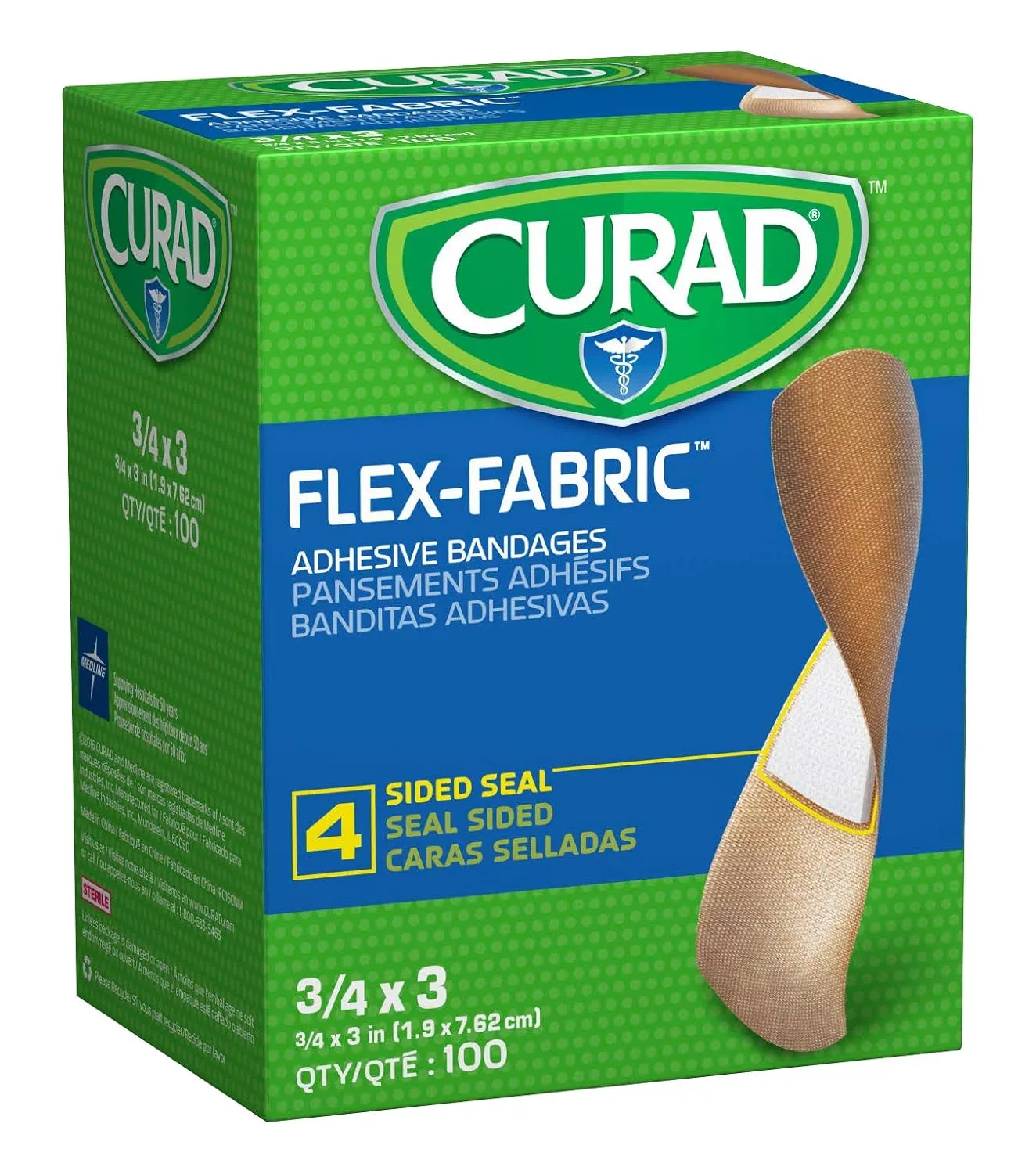 CURAD Flex Fabric Adhesive Bandages, Bandage Size is 3/4" x 3", ALL ONE SIZE, (Box of 100)