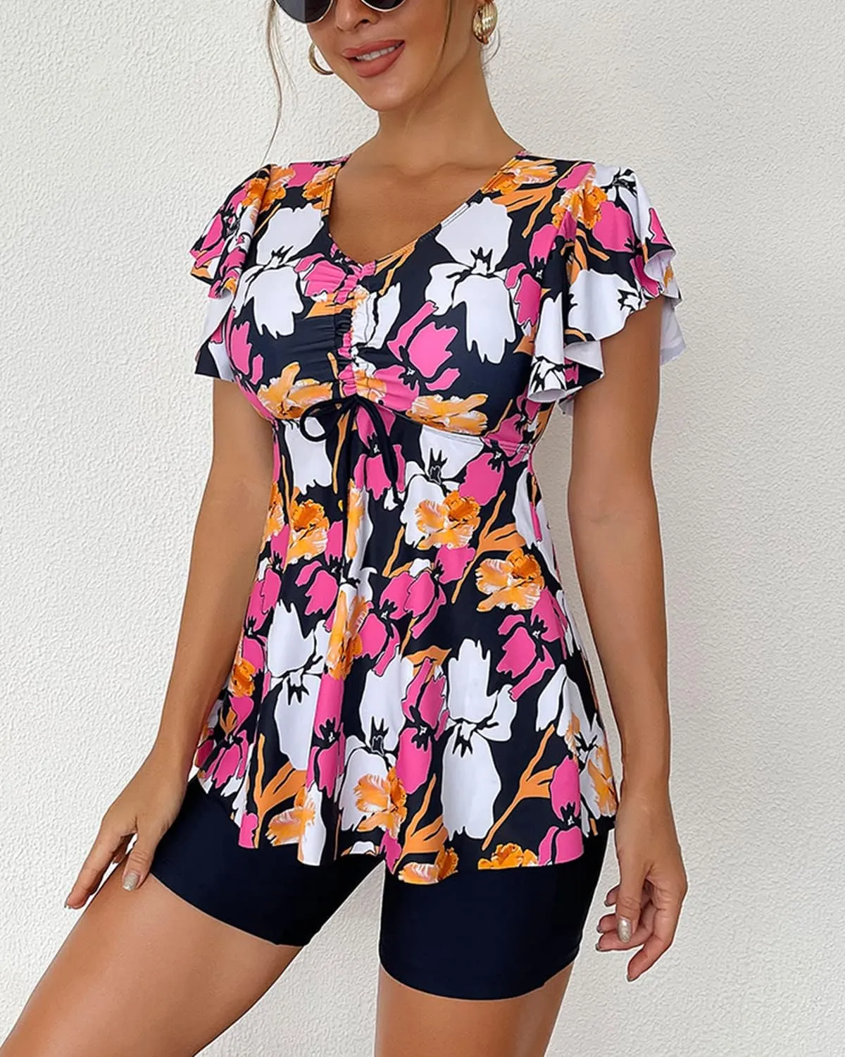 Fanuerg Women's Tankini Swimsuits Ruffled Flowy Tankini Tops with Boy Shorts Swimwear Tummy Control Two Piece Bathing Suits