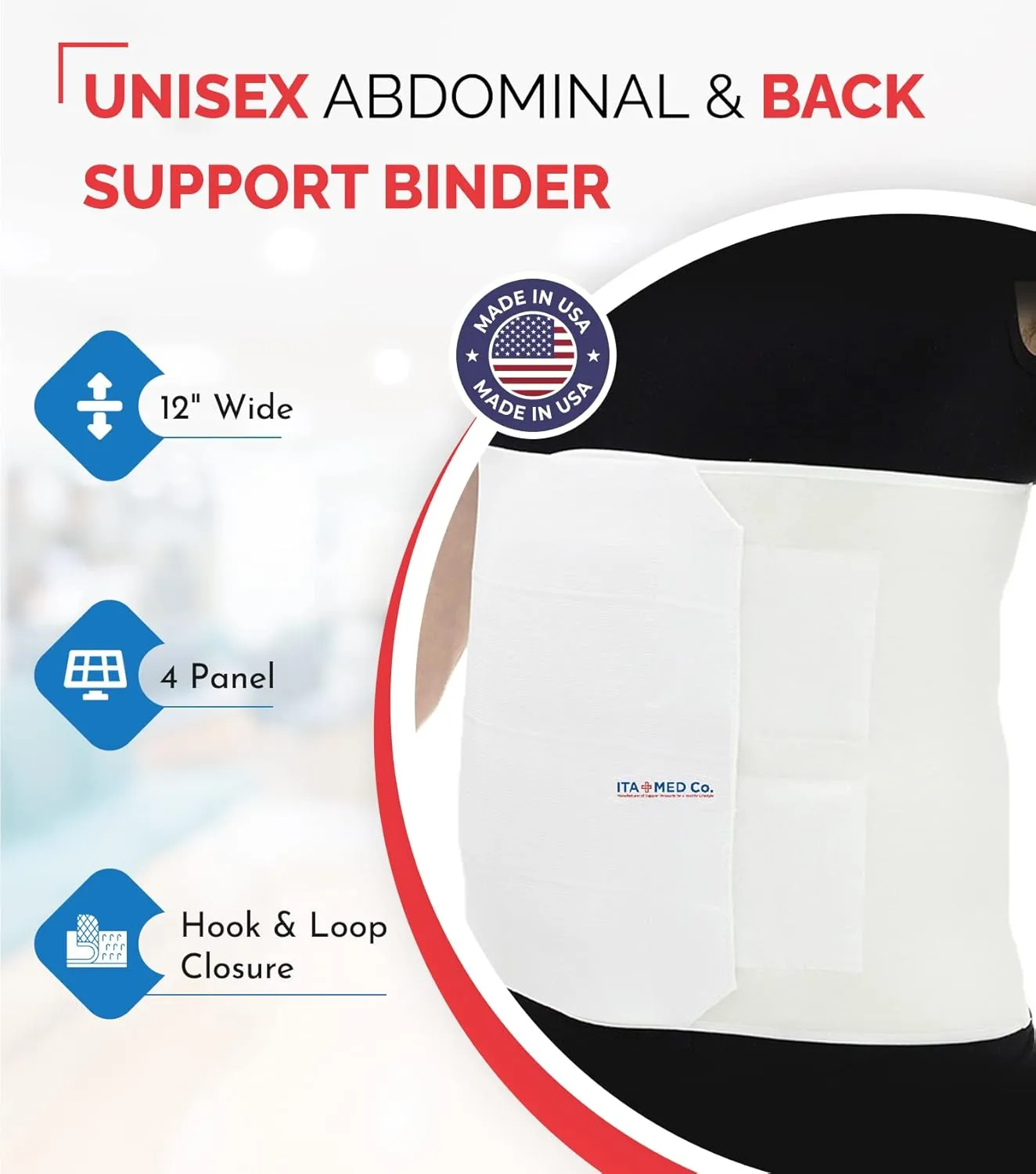 ITA-MED Unisex 12 Abdominal Binder  Helps Recover Post-Surgery, Postpartum & Hernia, Made in USA, White (XL)