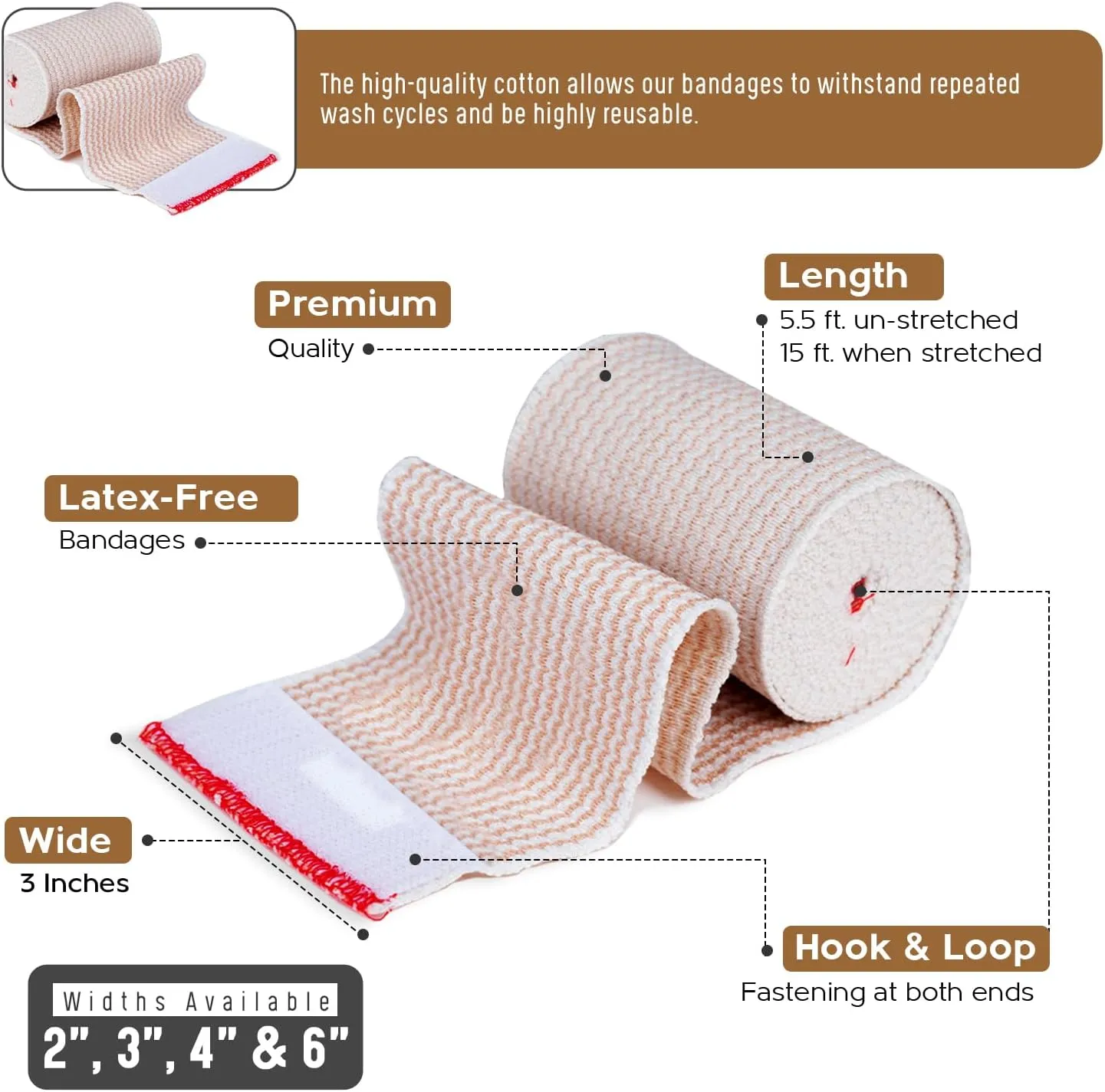 Premium Elastic Bandage Wrap (3 Wide, 4 Pack) - Nexskin Latex Free Athletic/Medical Compression Bandages Hook & Loop Fasteners at Both Ends - Lifetime Washable & Reusable Bandages