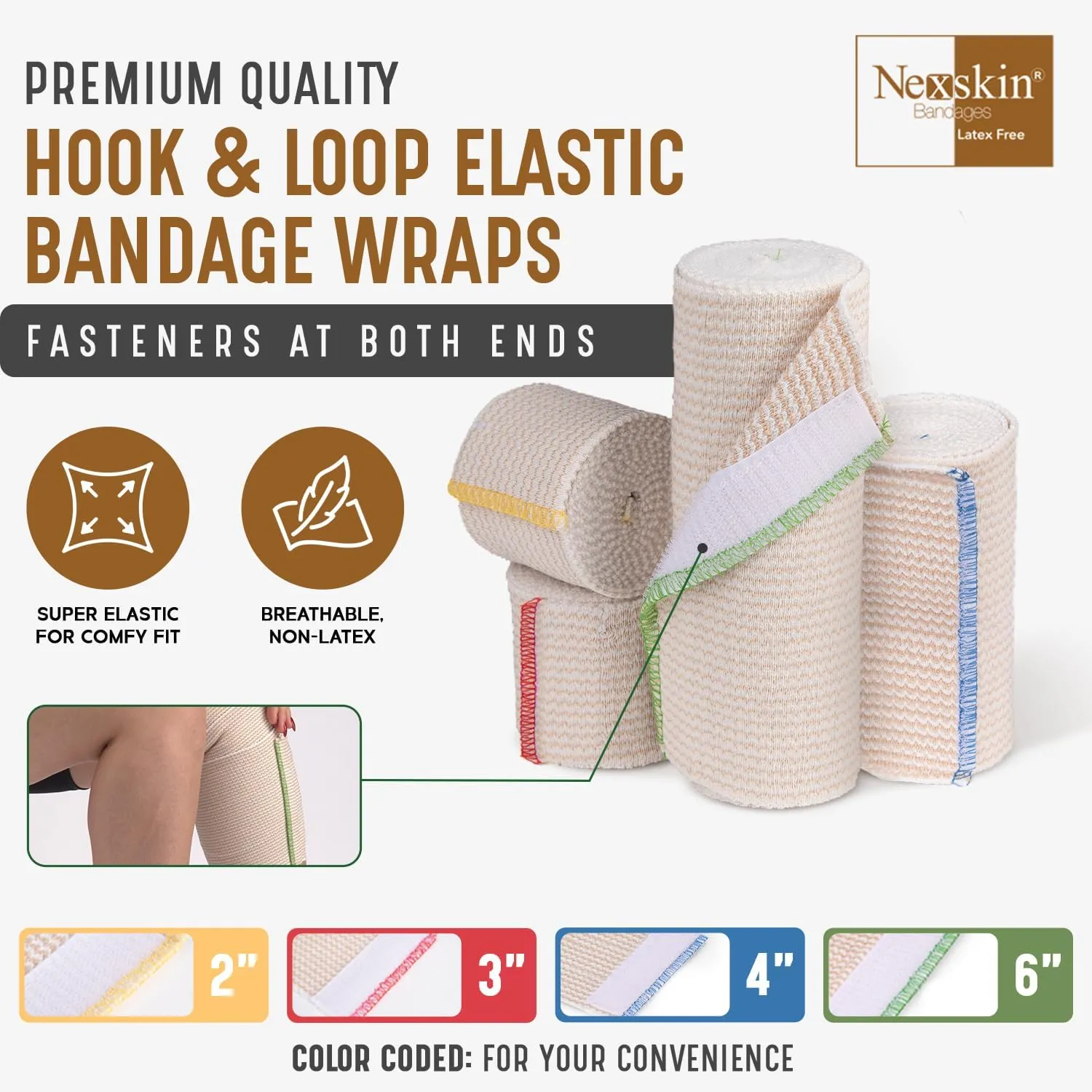 Premium Elastic Bandage Wrap (3 Wide, 4 Pack) - Nexskin Latex Free Athletic/Medical Compression Bandages Hook & Loop Fasteners at Both Ends - Lifetime Washable & Reusable Bandages