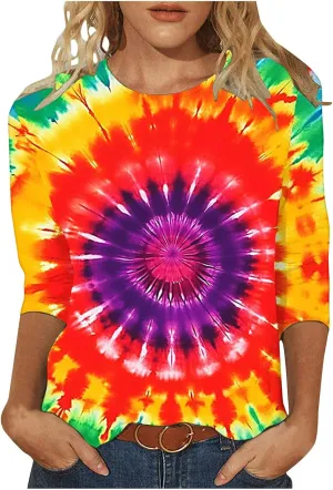 Tye Dye T Shirts for Women 2025 Trendy Plus Size 3/4 Sleeve Rainbow Graphic Tee Shirts Round Neck Loose Casual Blouse