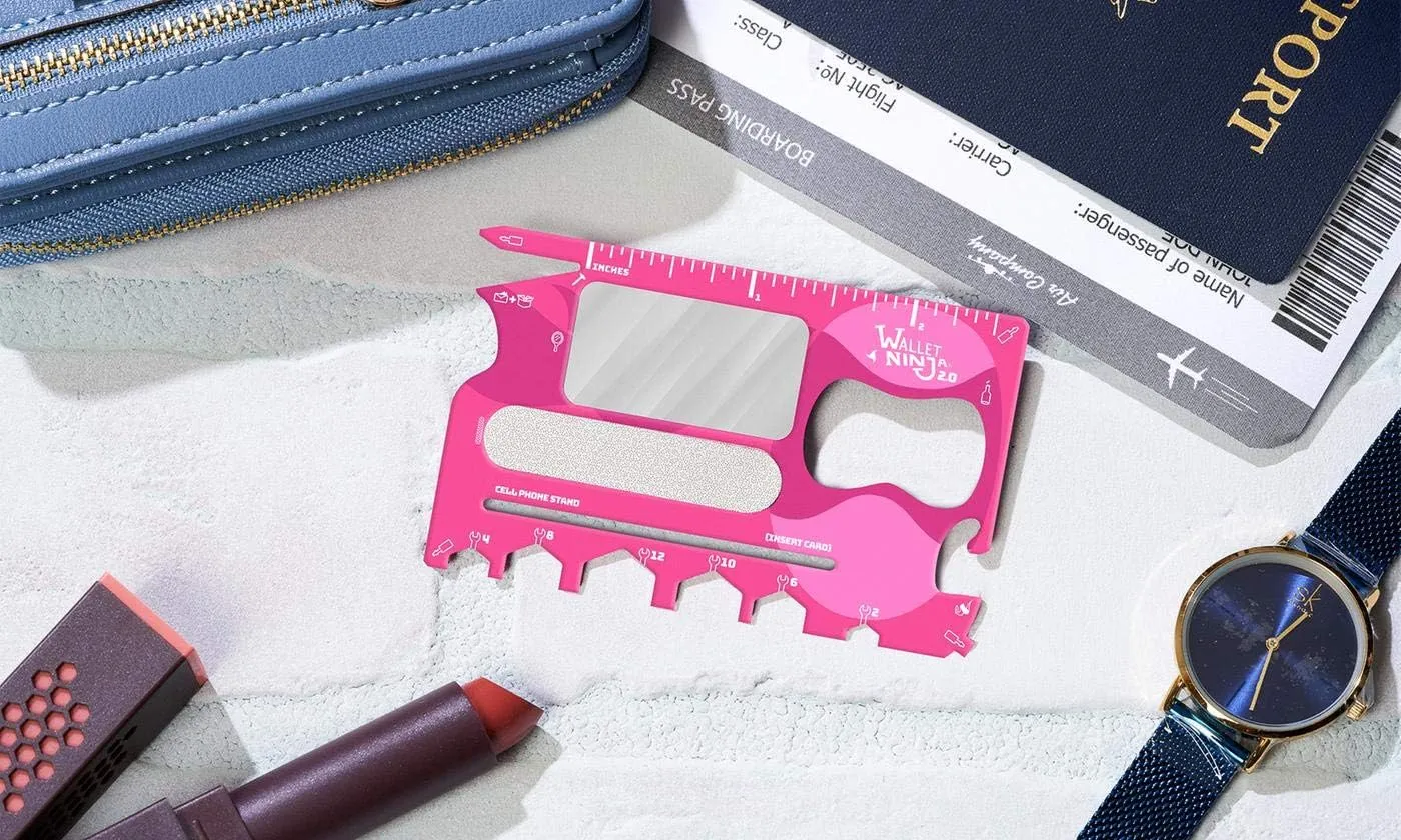 Wallet Ninja 2.0 (Advanced 20-in-1 Multitool, Now With Mirror   Nail File) (Pink)